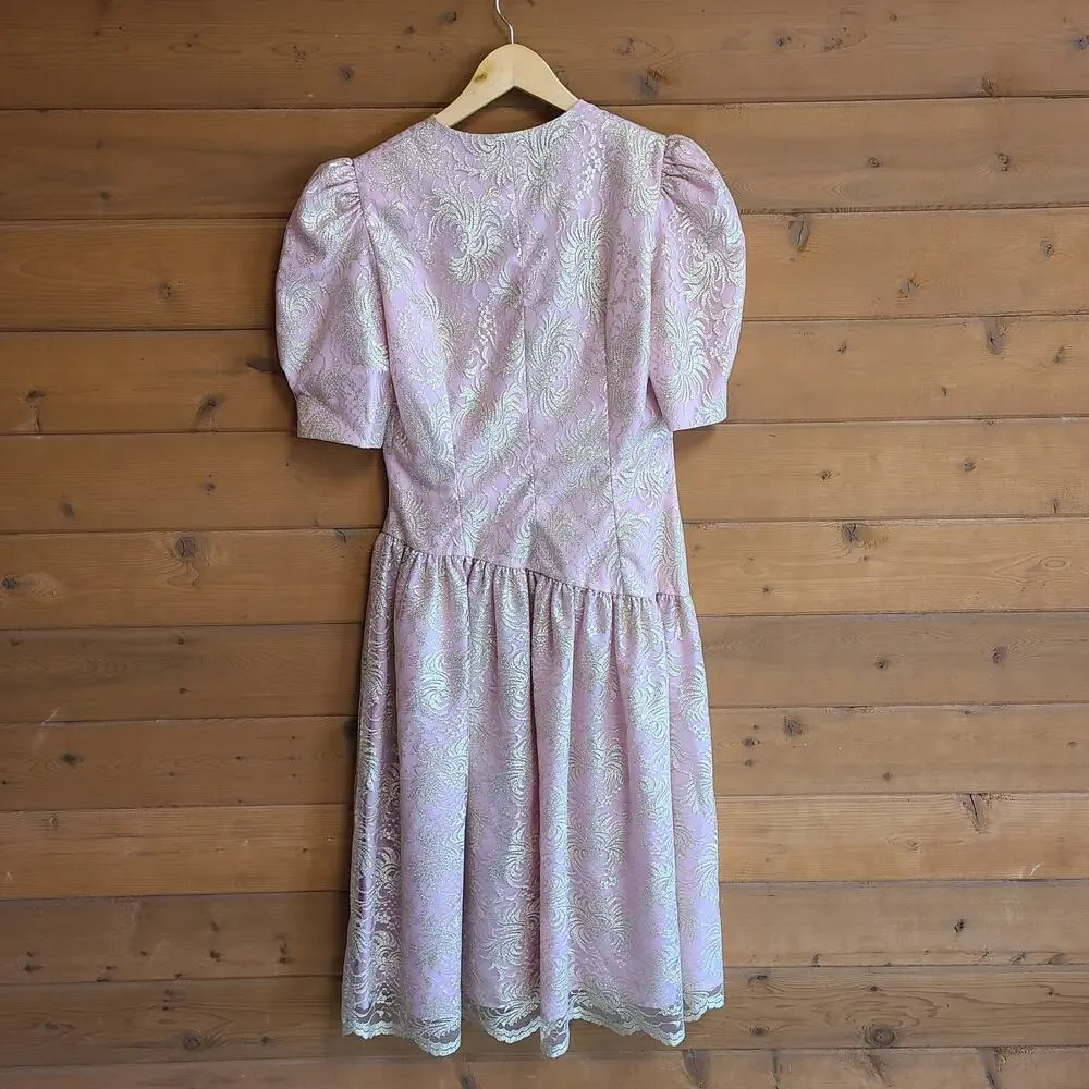 Vintage Dress Halston Midi Pink Gold Lace Drop Waist Vneck 10 Feminine Retro - Picture 4 of 5